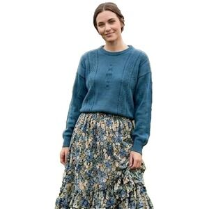 Vintage Blue Floral Embroidered Cotton Sweater Medium Cotton Cottagecore USA